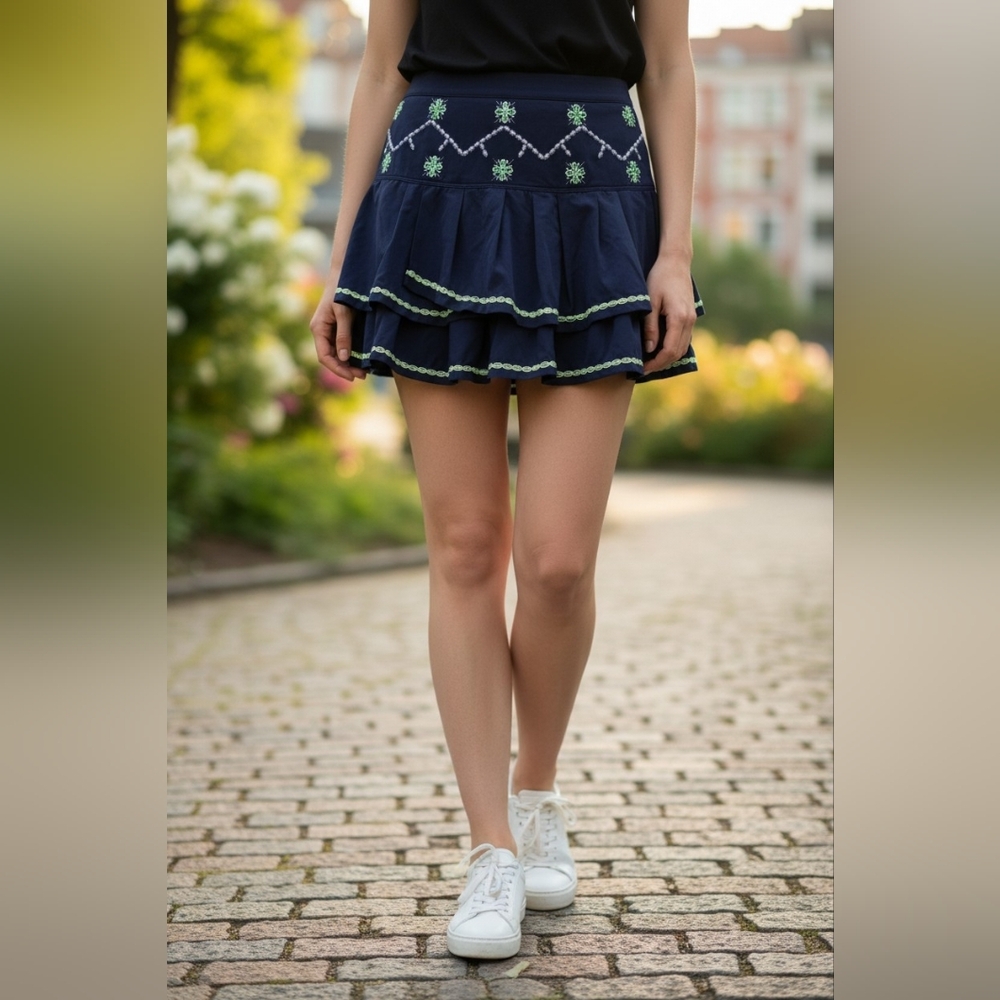 Lucky In Love Navy Blue Embroidered Pleated Tiered Athletic Mini Skirt, S XS #59